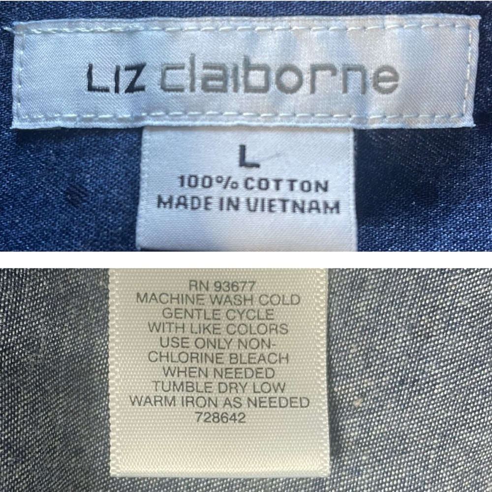 LIZ CLAIBORNE Navy Blue Cotton Blouse Shirt SZ L Casual Comfy Chambray Polka Dot - Picture 15 of 16